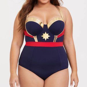 Torrid Captain Marvel Bathing Suit Wireless One-Piece Swimsuit Size 0